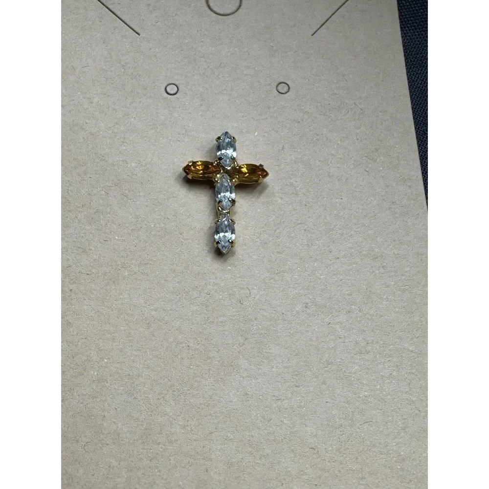 Gold Tone Cross With Amber And CZ‎ Lapel Pin